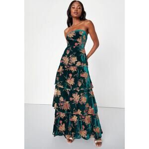 NWT Lulus Real Allure Emerald Green Burnout Velvet Floral Strapless Maxi Dress